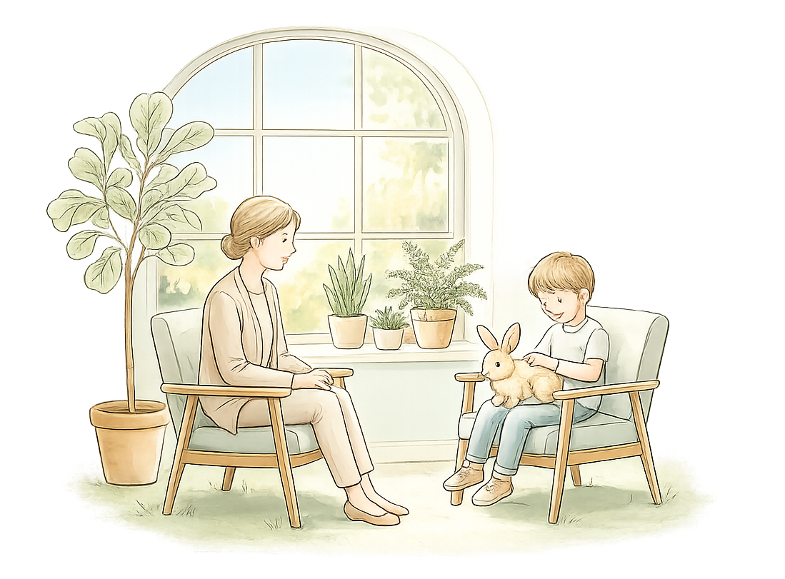 Watercolor illustration of two people having a warm conversation in a therapy setting