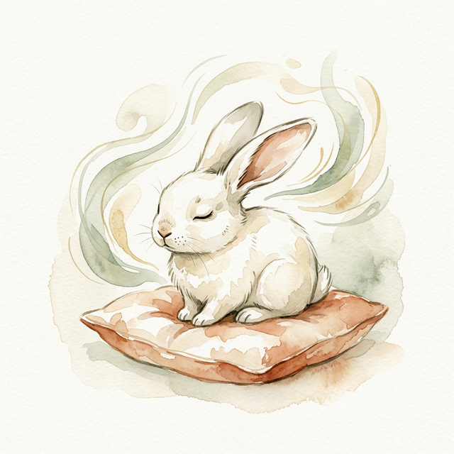 Watercolor illustration of a bunny with closed eyes listening intently on a cushion, surrounded by gentle flowing shapes